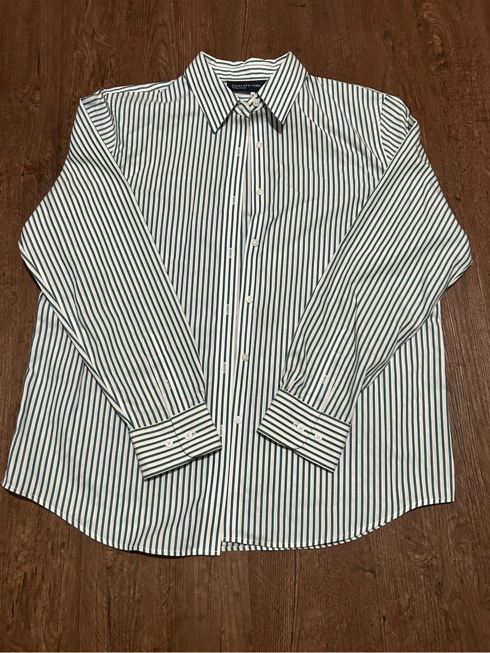 Jones New York White Shirt with green Vertical Stripes